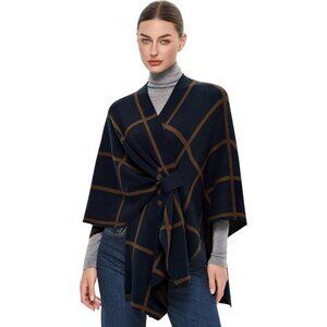 Women's Dark Blue Caramel Elegant Poncho Sweater Spring Fall Winter Shawl Wraps